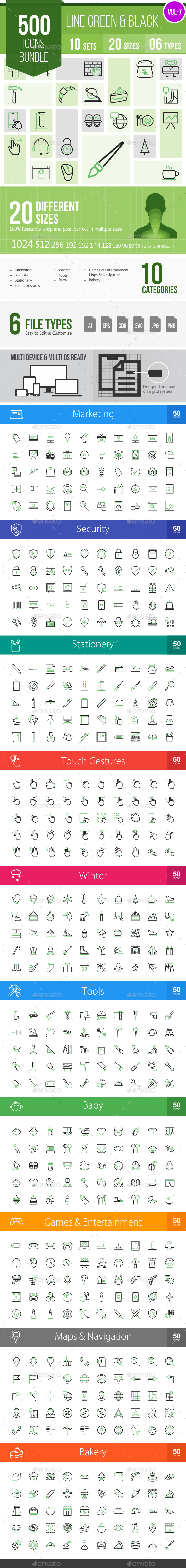 500 Vector Green & Black Line Icons Bundle (Vol-7) - Icons
