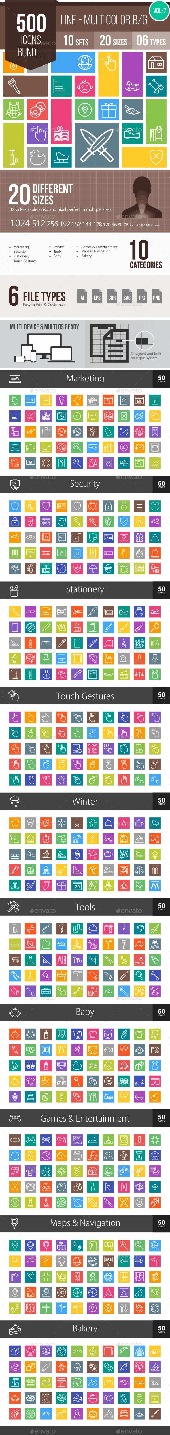 500 Vector Multicolor B/G Line Icons Bundle (Vol-7) - Icons