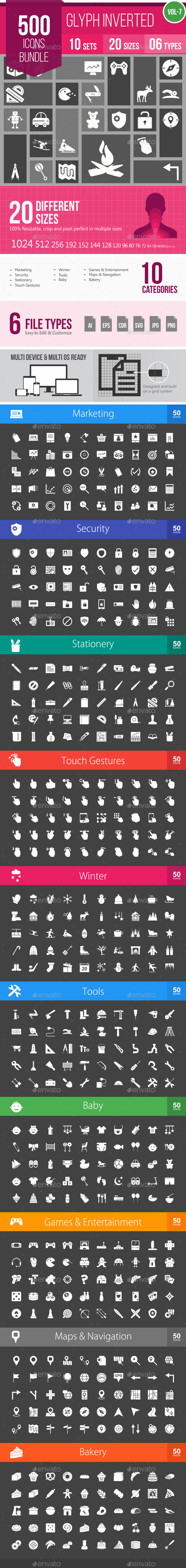 500 Vector Inverted Glyph Icons Bundle (Vol-7) - Icons