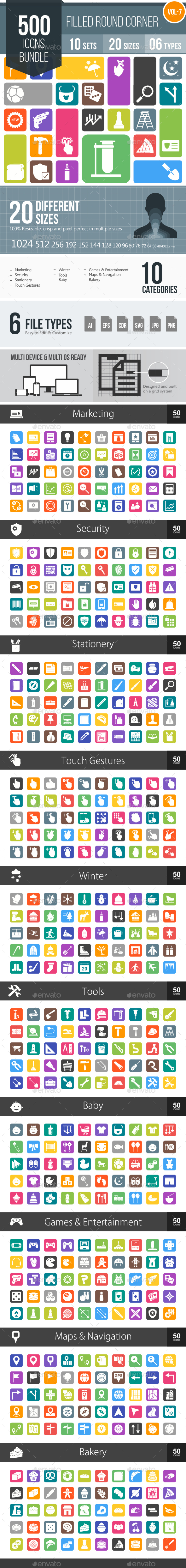500 Vector Round Corner Colorful Flat Icons Bundle (Vol-7) - Icons