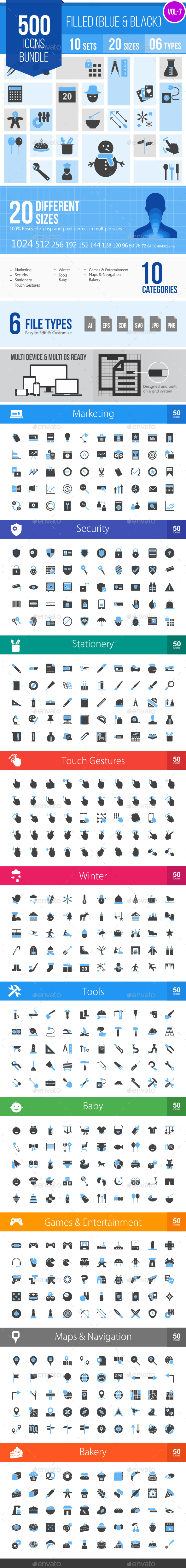 500 Vector Blue & Black Filled Icons Bundle (Vol-7) - Icons