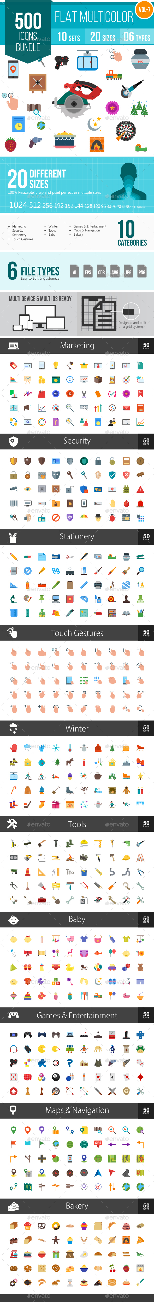 500 Vector Colorful Flat Icons Bundle (Vol-7) - Icons