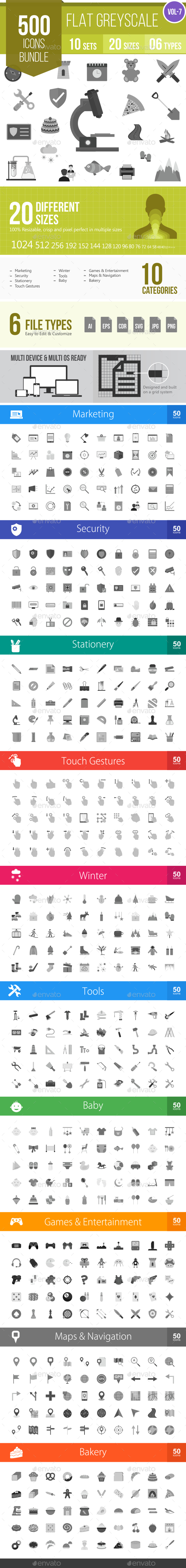 500 Vector Greyscale Flat Icons Bundle (Vol-7) - Icons