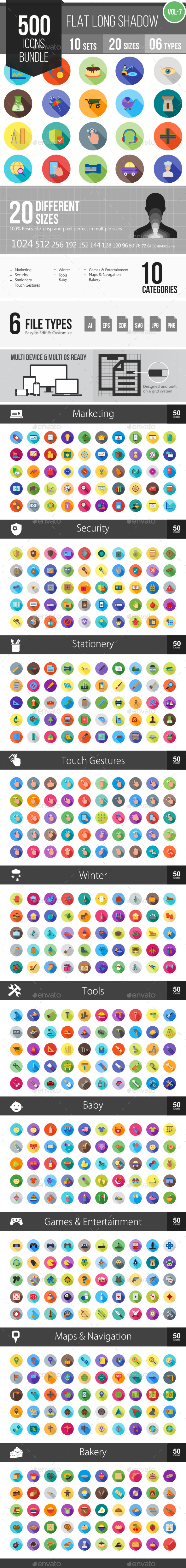500 Vector Long Shadow Colorful Flat Icons Bundle (Vol-7) - Icons