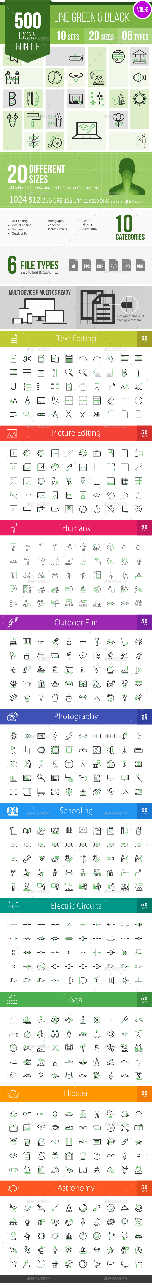 500 Vector Green & Black Line Icons Bundle (Vol-8) - Icons