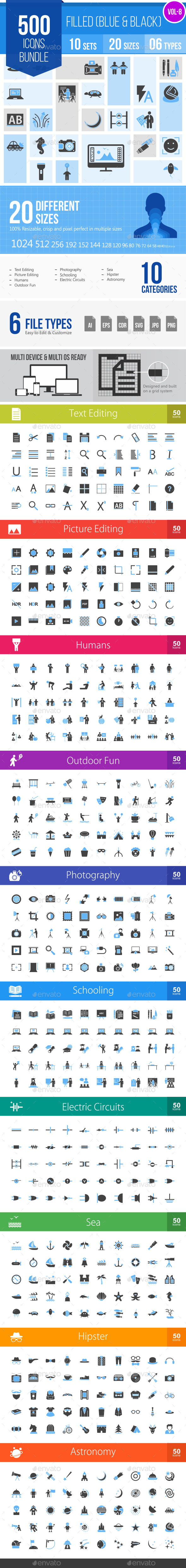 500 Vector Blue & Black Filled Icons Bundle (Vol-8) - Icons