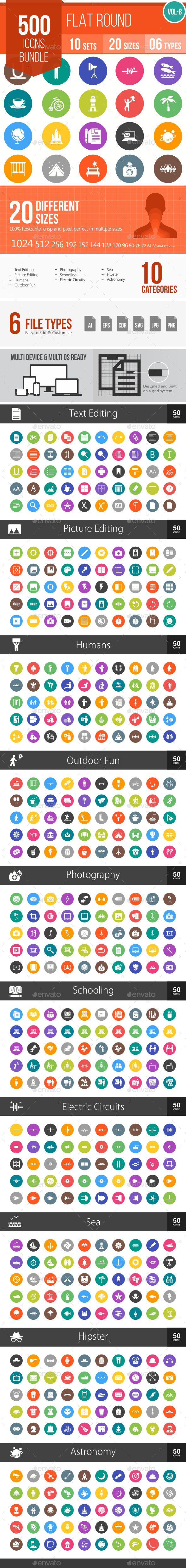 500 Vector Colorful Round Flat Icons Bundle (Vol-8) - Icons