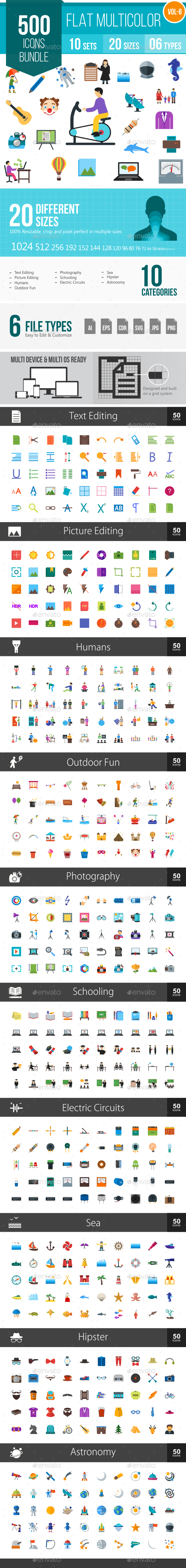 500 Vector Colorful Flat Icons Bundle (Vol-8) - Icons