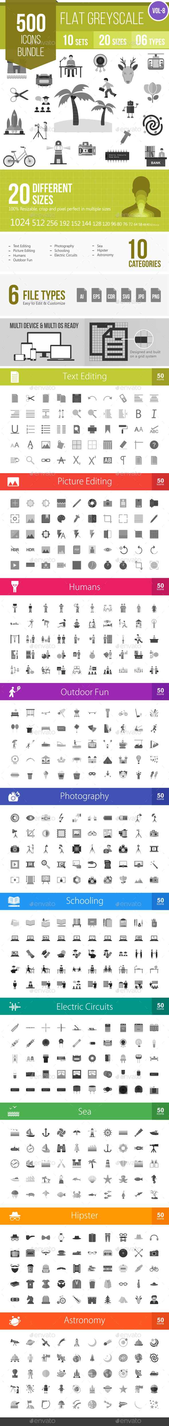 500 Vector Greyscale Flat Icons Bundle (Vol-8) - Icons