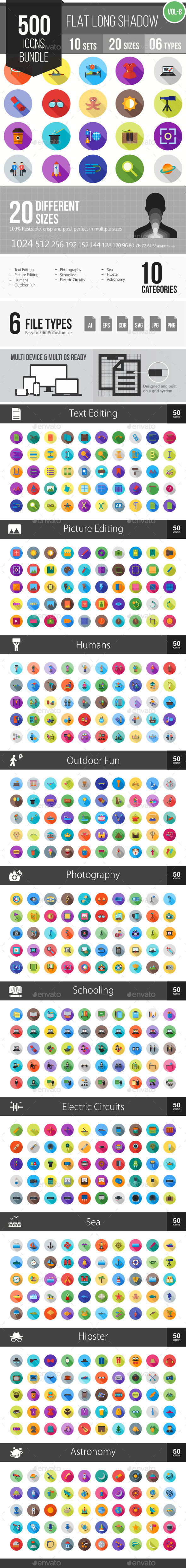 500 Vector Long Shadow Colorful Flat Icons Bundle (Vol-8) - Icons