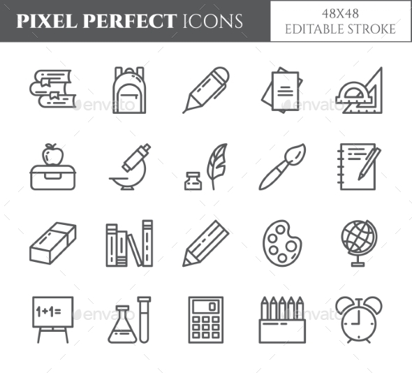 School Supplies Editable Pixel Perfect Icons Set - Objects Icons