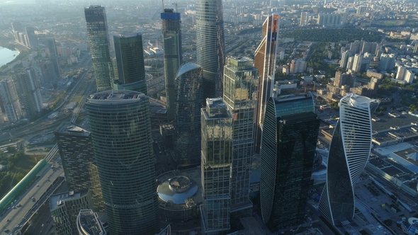 A Sunset Aerial Shot of Skyscrapers of Moscow International Business Centre alt