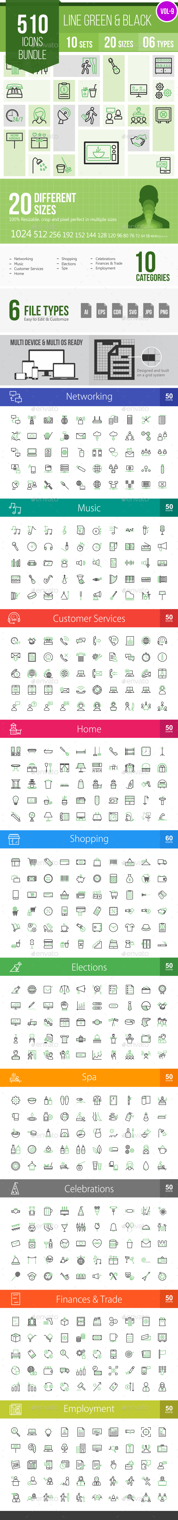 510 Vector Line Green & Black Icons Bundle (Vol-9) - Icons