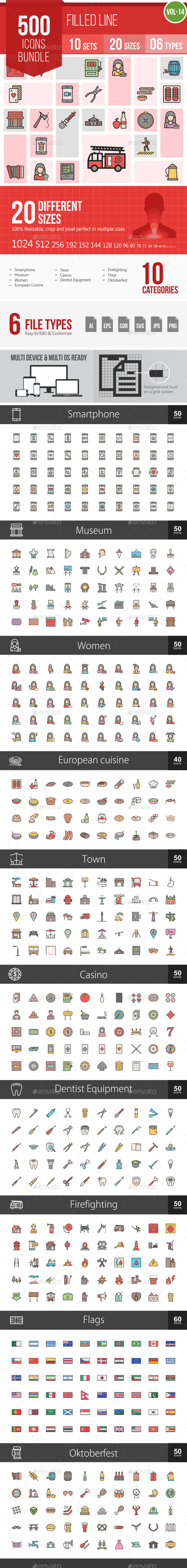 500 Vector Filled Line Icons Bundle (Vol-14) - Icons