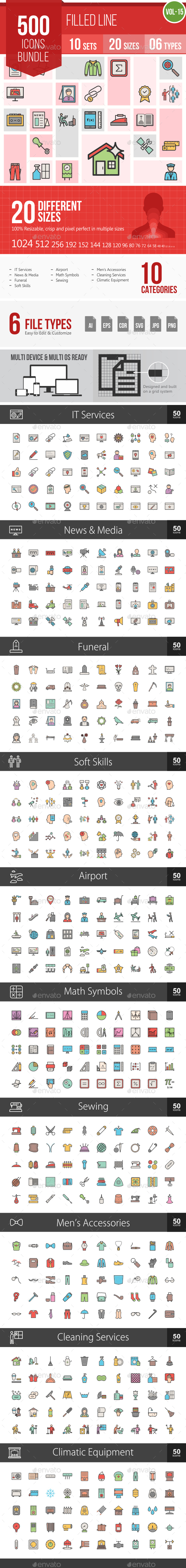 500 Vector Filled Line Icons Bundle (Vol-15) - Icons
