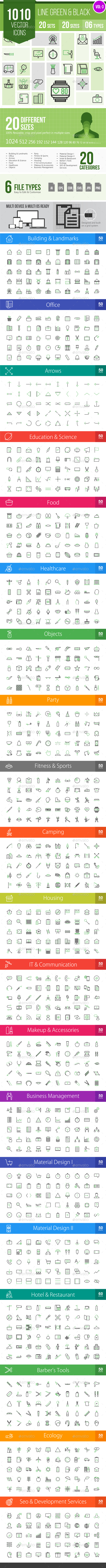 1010 Vector Green & Black Line Icons - Icons