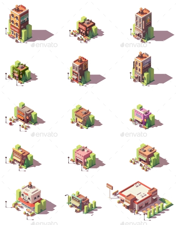 Vector Isometric Restaurants Types Icons - Buildings Objects