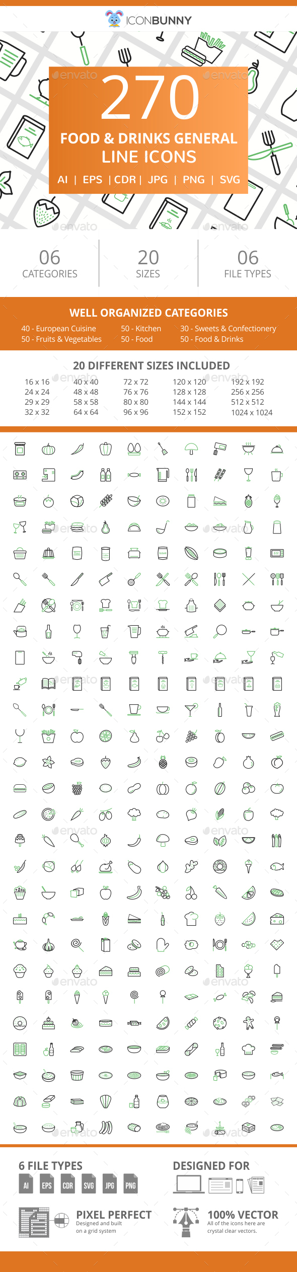 270 Food & Drinks General Line Green & Black Icons - Icons