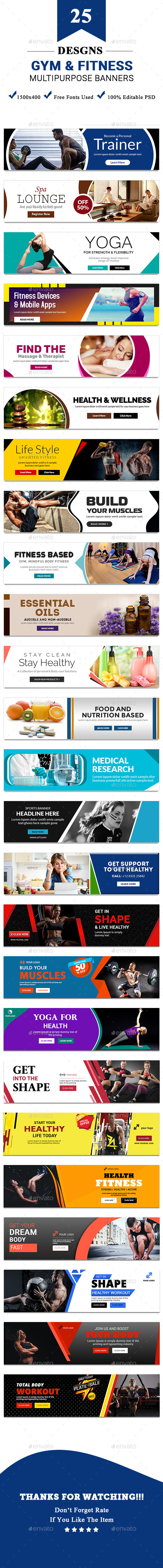 Gym and Fitness Multipurpose Banners - 25 Designs - Banners & Ads Web Elements