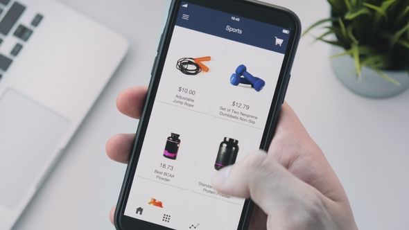 Shopping Online Using Smartphone App and Choosing Sport Equipment