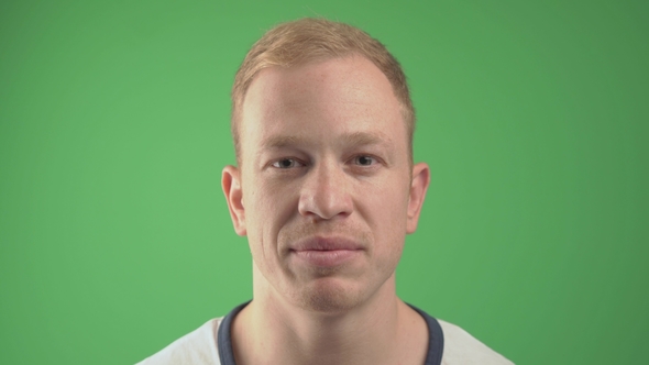 Handsome Bearded Man Smiling and Looking and Talk at the Camera. Green Screen Background alt