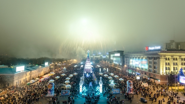 Firework Above Christmas Tree , Kharkov, Ukraine alt