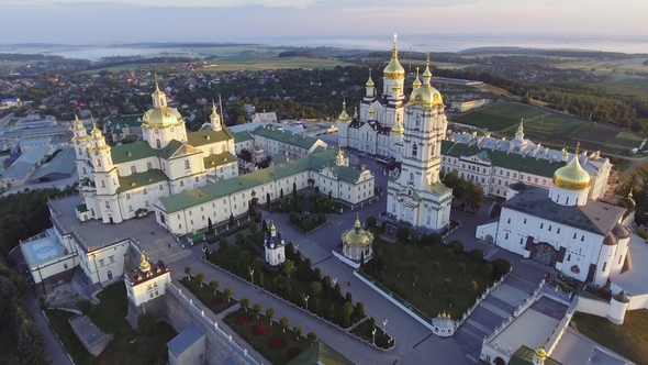 Aerial View of Holy Dormition Pochayiv Lavra, an Orthodox Monastery in Ternopil Oblast of Ukraine alt