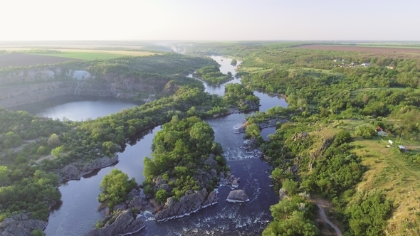 The Southern Bug River. Picturesque Rocks and River Rapids.