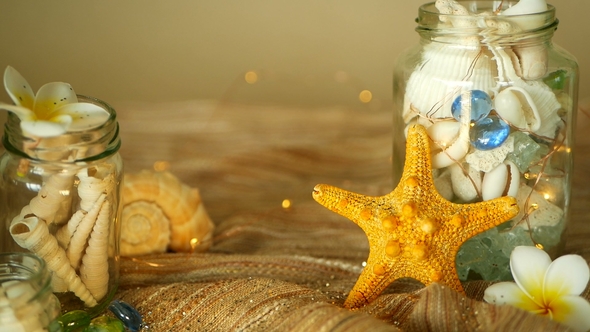 Glass Jar Filled with Seashells, Corals, Marine Items with Bokeh Lights, Sea Star Plumeria alt