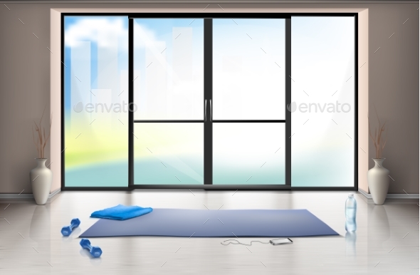 Vector Mockup of Empty Gym Hall with Glass Door - Buildings Objects