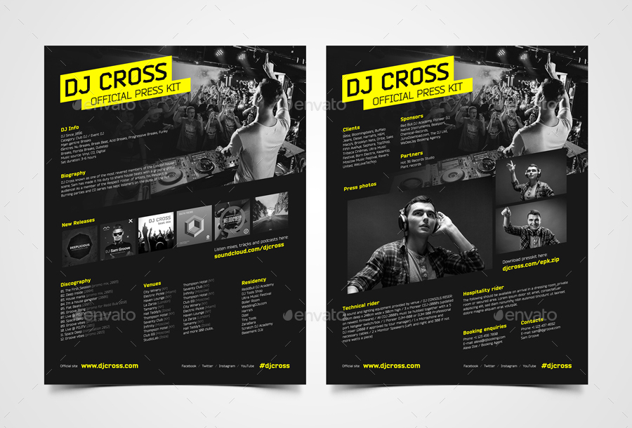 DJ Press Kit / DJ Resume / DJ Rider PSD Template, Print Templates