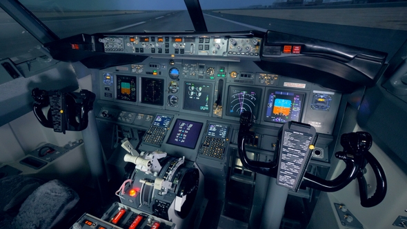 Interior of a Functioning Cockpit of an Airplane. Empty Cockpit of an