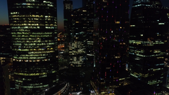 A Night Aerial Shot of Skyscrapers of Moscow International Business Centre alt