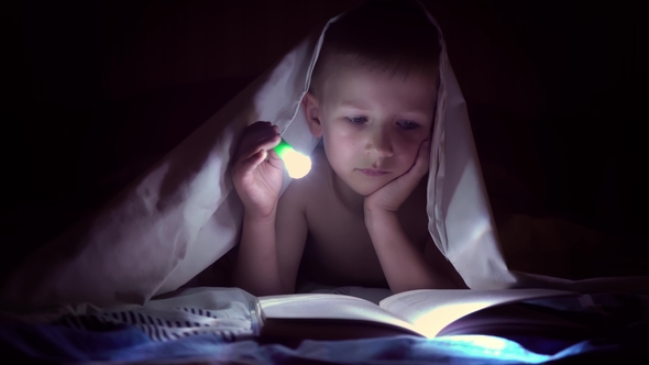 A Child Reads a Book Under Blankets with a Flashlight at Night. Boy with Light Hair and Blue Eyes alt