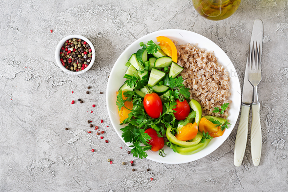 Diet menu. Healthy vegetarian salad of fresh vegetables Stock Photo by Timolina