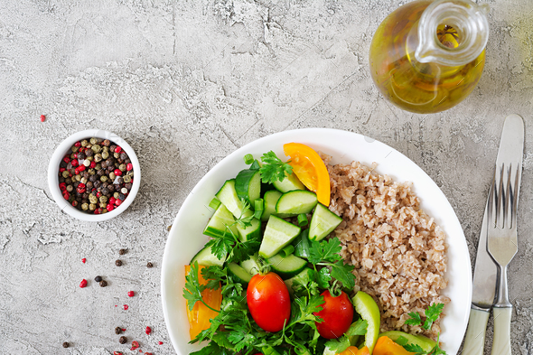 Diet menu. Healthy vegetarian salad of fresh vegetables Stock Photo by Timolina