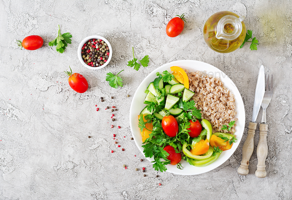 Diet menu. Healthy vegetarian salad of fresh vegetables Stock Photo by Timolina