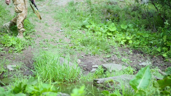 The Soldier Approaches the Stream, Puts the Machine Gun, Washed Himself and Goes on alt