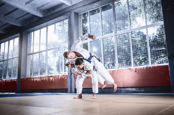 Two judo fighters showing technical skill while practicing martial arts ...