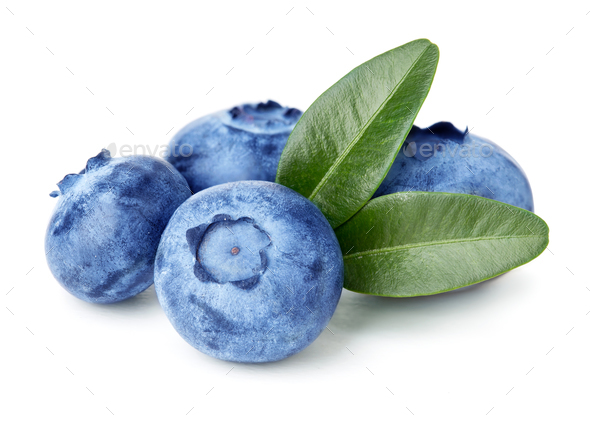 Blueberries with green leaves isolated on white background. Stock Photo by  YVdavyd