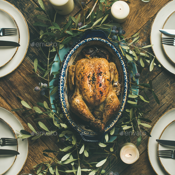 Flat-lay of whole roasted chicken for Christmas, square crop - Stock Photo - Images