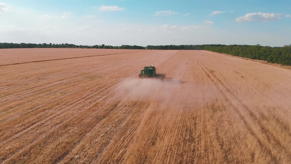 Aerial View of a Combine Harvester Working in a Field at Sunset