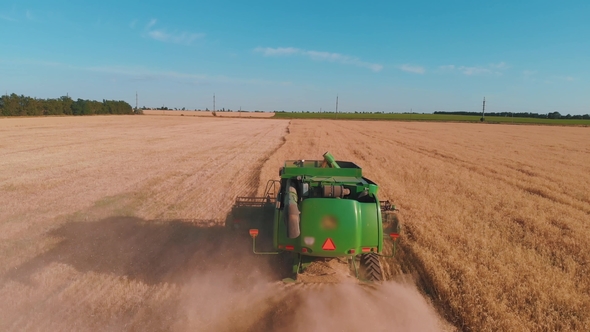 Combine Harvester Working in a Field at Sunset