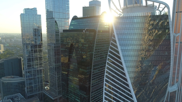 A Sunset Aerial Shot of Skyscrapers of Moscow International Business Centre. alt