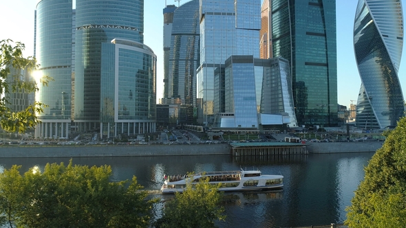 A Sunset Aerial Shot of Skyscrapers of Moscow International Business Centre alt