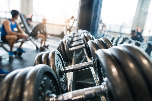 Metal heavy dumbbells in holder in modern gym. Stock Photo by halfpoint