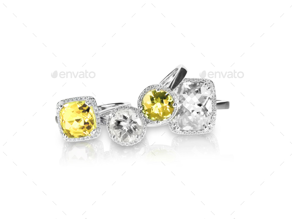 Set of yellow topaz citrine rings gemstone fine jewelry. Group stackmultiple gemstone diamond rings.