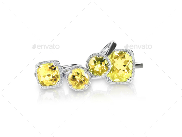 Set of yellow topaz rings gemstone fine jewelry. Group stack of multiple gemstone diamond rings.
