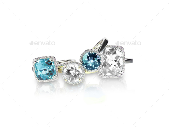 Set of blue topaz aquamarine rings gemstone fine jewelry multiple gemstone diamond rings.