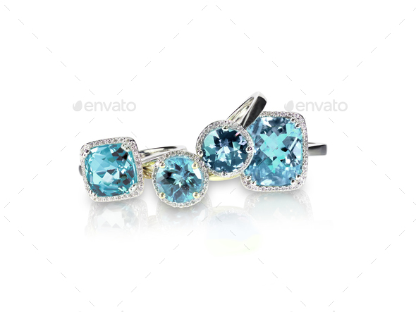 Set of blue topaz aquamarine rings gemstone fine jewelry. Group stack group cluster pair set